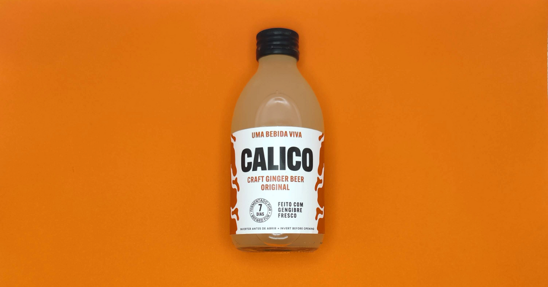 Calico Original Ginger Beer bottle on bright orange background – craft fermented drink made in Portugal