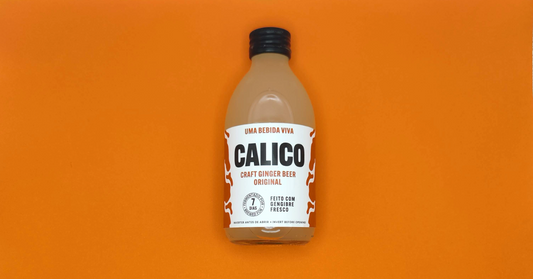 Calico Original Ginger Beer bottle on bright orange background – craft fermented drink made in Portugal